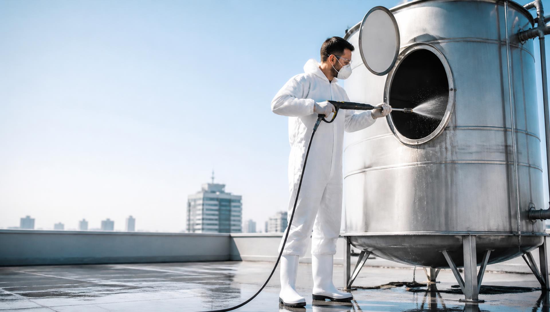 Profissional higienizando caixa d'água predial com equipamento de alta pressão